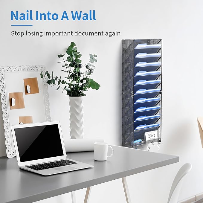 OUTWOLF 2Pack 12 Tier Hanging Wall File Organizer with Hooks, Vertical Wall Mount File Folder Holder, Paper Document Mail Organizer for Office