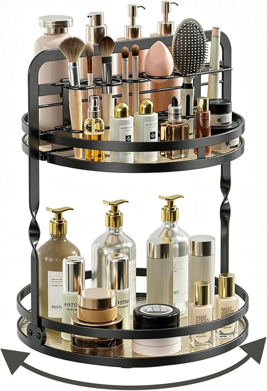 Rotating Makeup Vanity Organizer, 360 Spinning Perfume Organizer | 2-Tier Black Bathroom Countertop Organizer, Lazy Susan Counter Shelf Skincare Storage, Perfume Stand with Makeup Brush Holder