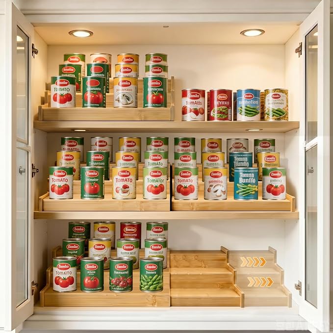 Artcochan 2 Pack 3 Tier Expandable Bamboo Can Rack Organizer for Pantry，Adjustable Pantry Organizers Holds Up to 24 Soda Cans,Canned Food Storage for Kitchen Cabinet Countertop