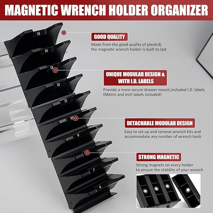 48 pcs Magnetic Modular Wrench Organizer Wrench Holder - Wrenchs Tool Organizers for Tool Drawer Storage, Wrenchs Rack with Metric SAE Labels, Tool Storage Set Holder Festival for Mechanics