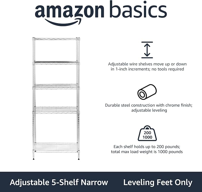 Amazon Basics 5-Shelf Adjustable Storage Shelving Unit for Garage, Steel Wire Rack, 200 Pound Loading Capacity per Shelf, 23.2" x 13.4" x 60", Chrome Finish