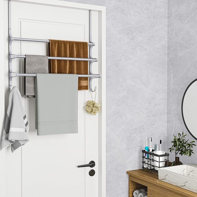 CANYAVE Over The Door Towel Rack, Over Door Towel Rack for Bathroom Door, Triple Towel Storage Holder with Hooks (Silver Gray, 20.15" L)