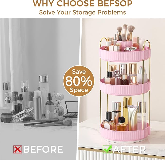 360° Rotating Makeup Organizer, Upgraded 3 Tier Skincare Perfume Organizers for Women, Bathroom Organizer Countertop, Clear Cosmetic Dresser Organizer with Makeup Brush Holder, Sink&Counter(Pink)