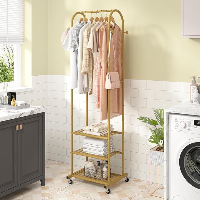 Kaitiemoo Clothing Rack, Mobile Garment Rack with Wheels & 3 Shelves, Gold | Heavy Duty Frame, Fits Small Spaces, 71.8 Inches Display Rack, Easy to install, Gold clothes rack