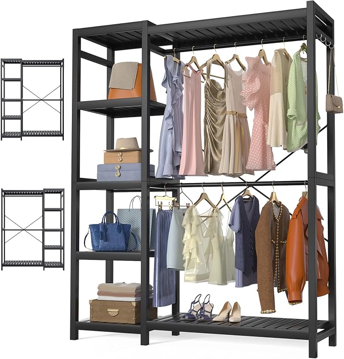 Bamboo Clothes Rack Garment Rack for Hanging Clothes, Heavy Duty Clothing Rack with 7 Tiers Adjustable Shelves, Double Rods, 4 Hooks, Freestanding Closet System Organizer Wardrobe, Black