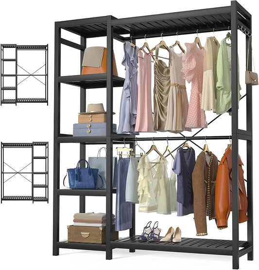 Bamboo Clothes Rack Garment Rack for Hanging Clothes, Heavy Duty Clothing Rack with 7 Tiers Adjustable Shelves, Double Rods, 4 Hooks, Freestanding Closet System Organizer Wardrobe, Black