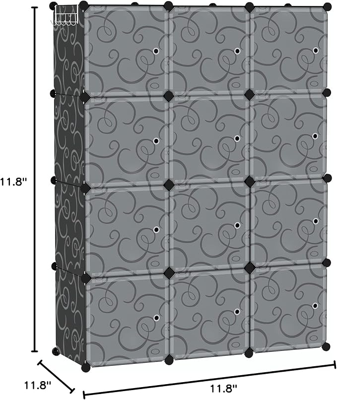 C&AHOME 12-Cube Storage Organizer with Door Cube Shelf Closet Cabinet Black | DIY Plastic Modular Bookshelf, Stackable Clothes Storage Shelving Ideal for Home, Bedroom, 36.6”L x 12.4”W x 48.4”H