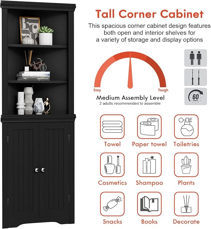 YESHOMY Corner Cabinet, Storage Cupboard with Doors, Black | Tall Storage Cabinet with Adjustable Shelves, for Living Room, Bathroom, Kitchen