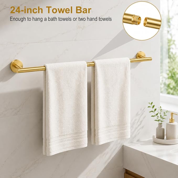 Brushed Gold Bathroom Accessories Set, 7 Pieces Gold Towel Bar Bathroom Hardware Set, 24 Inch Towel Racks for Bathroom, SUS304 Stainless Steel Bathroom Towel Holder Toilet Paper Holder Wall Mounted