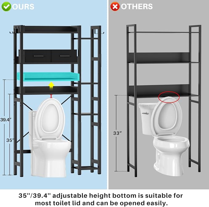 Besiost Over The Toilet Storage, 7 Tier Bathroom Organizer with Reversible Side Shelf and 2 Fabric Drawers, Adjustable Freestanding Rack Space Saver for Small Spaces, Black