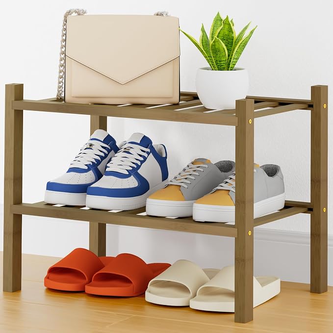 Smiry Bamboo Shoe Rack, 14 Vertical Slats, 2 Tier - 17.3" Wide, Walnut | Stackable Free Standing Wooden Shoe Organizer, Wood Shoe Storage Shelf for Closet, Entryway, Thicher Leg