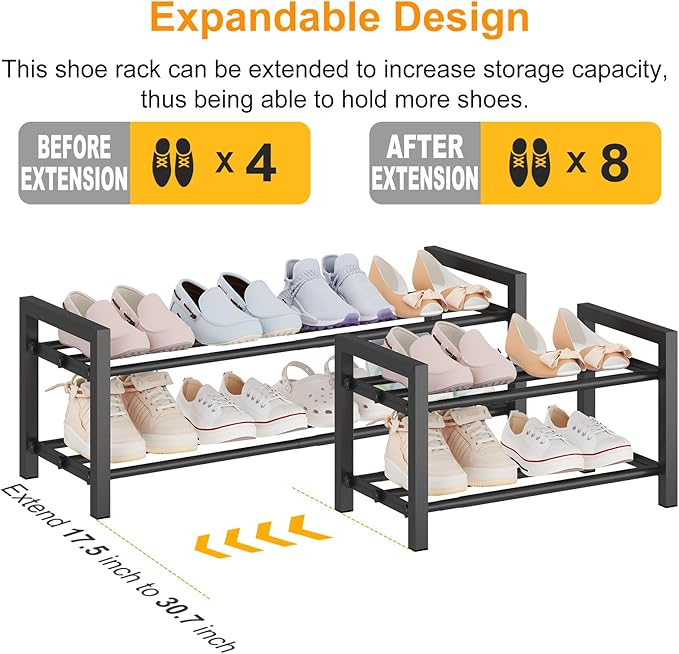 Expandable Metal Shoe Rack for Closet & Entryway, Shoe Storage Organizer | 2 Tier • Adjustable Width • Holds 6–9 Pairs • Heavy-Duty Steel • Space-Saving Design • Easy Assembly