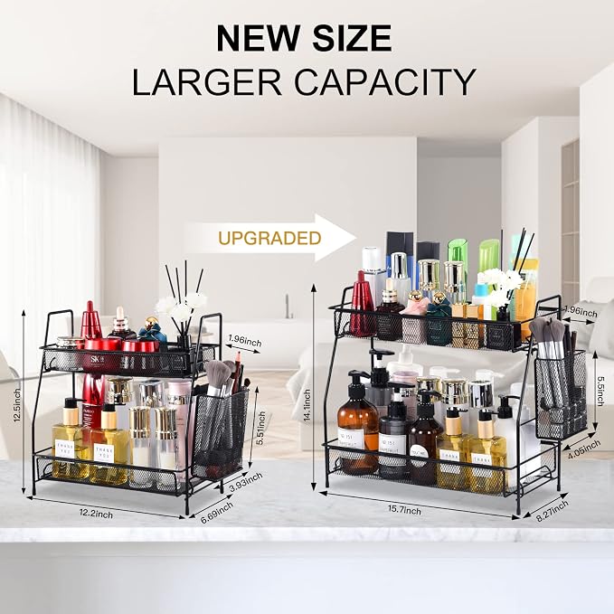 Large Countertop Organizer for Bathroom Counter, Bathroom Organizers and Storage, Under Sink Organizer Spice Rack Organizer for Kitchen with Basket(Black)