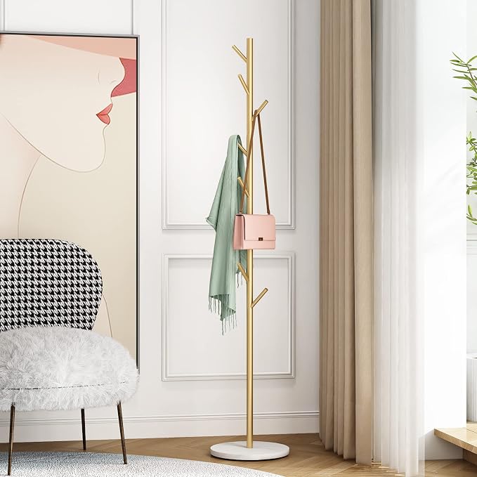 Gold Coat Racks with 8 Hooks, Branches Coat Tree Entryway, Freestanding | Modern Hat Rack, Easy to Assemble, Heavy Stable Marble Base