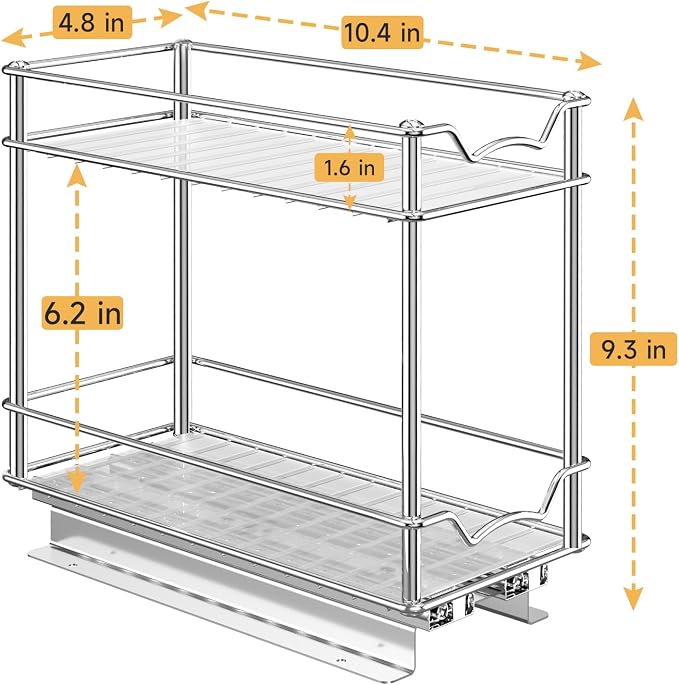 MUDEELA Pull Out Spice Rack for Inside Cabinet, 2 Tier Chrome Spice Organization for Cabinet, Vertical Sliding Out Spice Rack Organizer for Seasoning, 10.4''D×4.8''W×9.3''H