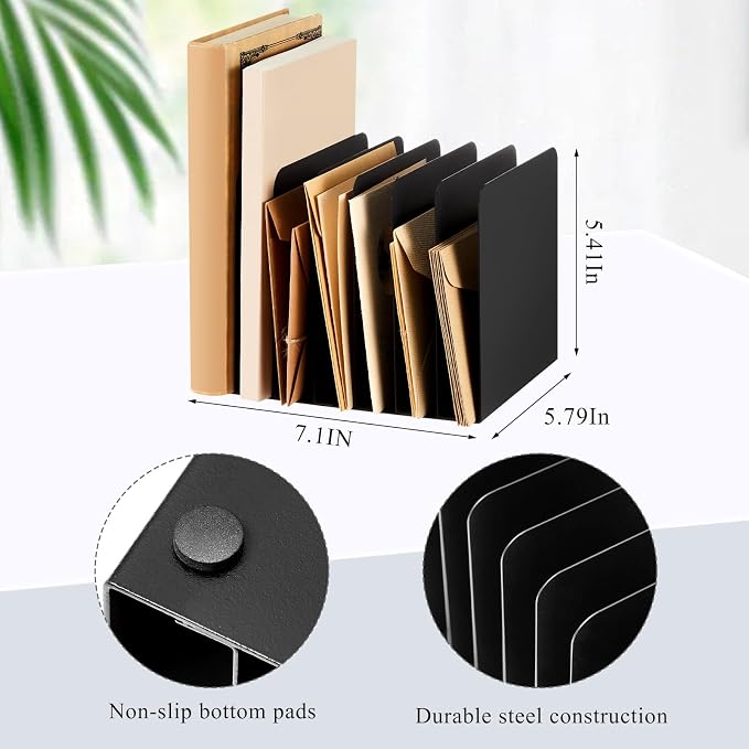 Suzile Metal Desktop File Organizer, 7 Compartments, Vertical File Sorter, Black, 5.79 W x 7.09 L x 5.41 H, Office, Reception Areas, Workspace