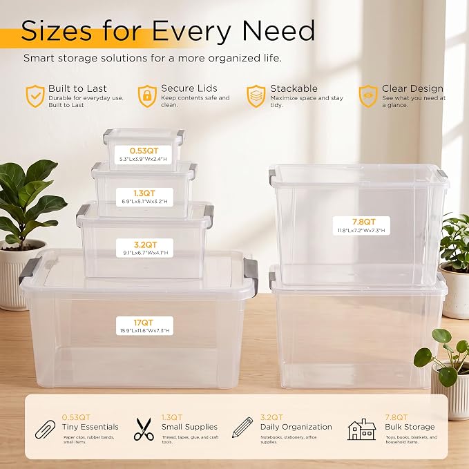 Citylife 6Packs 7.8Qt Plastic Storage Bins with Lids, Clear Organizer | Stackable totes Containers for Craft Supplies, Documents,Garage,Toys,Office and Classroom