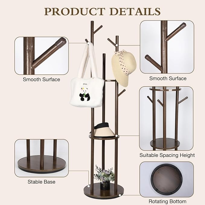 Wood Coat Rack Freestanding Rotary Coat tree with 3 Shelves and 9 Hooks | Heavy Duty Coat Rack Coat Hanger Stand for Entryway, Bedroom, Living Room – Holds Jackets, Coats, Hats, Bags (Walnut)