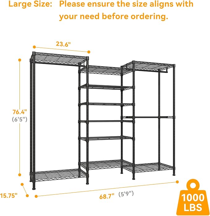 Higeego H12 Heavy Duty Clothes Rack, Black | Freestanding Clothing Rack with 6-Tier Adjustable Shoe Rack, 3 Hanging Rods, 15.7" D x 68.7" W x 76.4" H