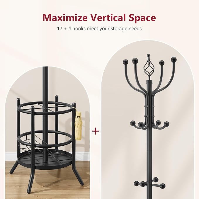 Tajsoon Coat Rack with Umbrella Holder, Coat Stand With 16 Hooks, Black | 2-In-1 Design, Coat Tree Freestanding, Durable & Stable, Space-Saving, For Living Room, Bedroom, Office