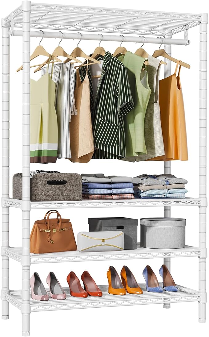 VIPEK V1 4-Tier Clothes Rack with Hanging Rod, Freestanding Closet, White | Freestanding Closet Clothing Rack with 4 Adjustable Shelves for Bedroom/Closet/Laundry Rooms, Heavy Duty Max Load 500 LBS