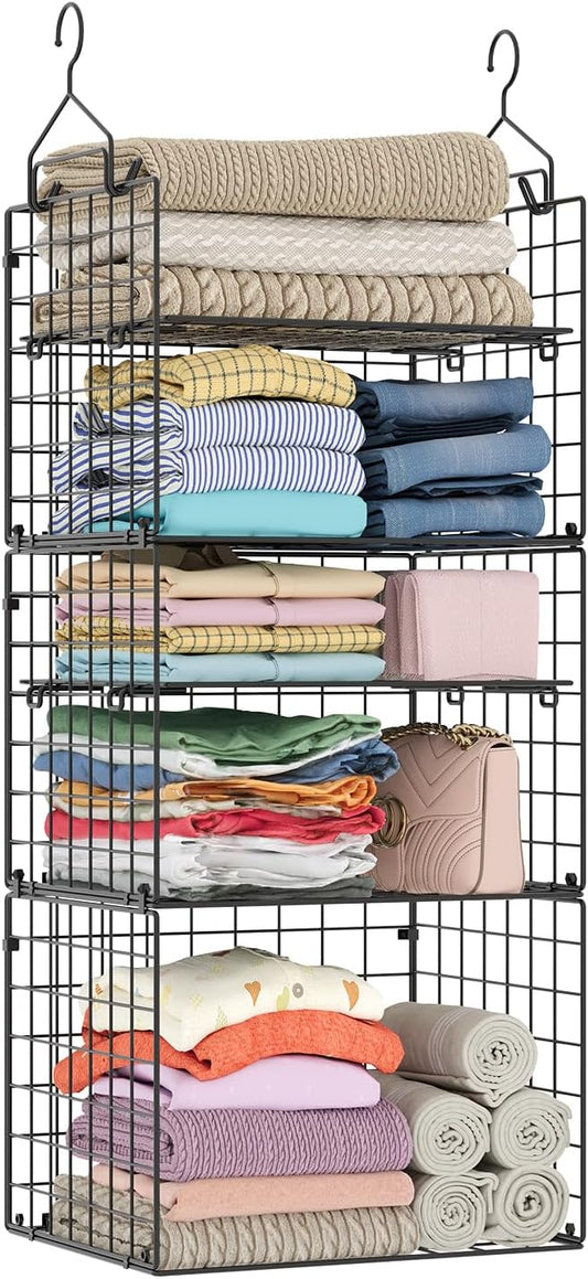 X-cosrack Closet Hanging Organizer Shelves - 5 Tier Wardrobe Organizers and Storage Bin, Hanging Organizer Shelves, Clothes Shelf with Adjustable Dividers for Bedroom Closet Sweater Shoes Handbag