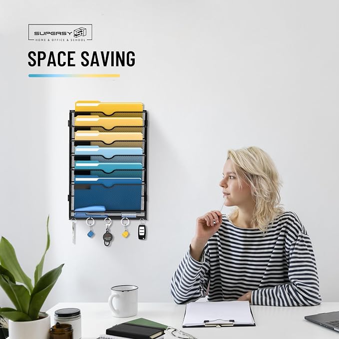 7-Tier Hanging Wall File Organizer with Hooks for Office Organization | Mesh Wall File Holder, Mail Organizer Wall Mounted for Papers, Documents, Folders and Magazines in Home Office, Classroom