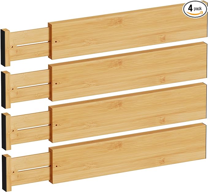 BAMEOS Bamboo Expandable Drawer Dividers – Fits 16.65"–22" Drawers, 4" Extra Deep Walls, Set of 4 | Maximum-Height Spring-Loaded Organizer for Deep Kitchen, Bathroom & Dresser Drawers