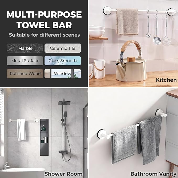 Adjustable Suction Cup Towel Bar for Bathroom Wall,17 Inch~29 Inch Towel Racks for Bathroom,Stainless Steel Bath Towel Holder for Shower(Matte White)