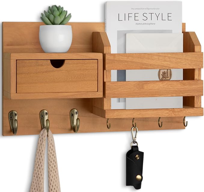 Lwenki Wall Mount Key Holder with Mail Organizer, 100% Paulownia Wood, 7 Metal Hooks, Storage Drawer, Entryway Home Decor