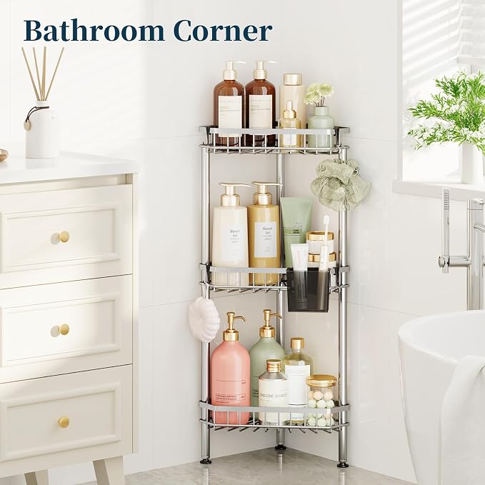 Consumest Corner Shower Caddy Stand - Rustproof Bathroom Organizer&Storage | 3 Tier Shower Shelves for Inside Shower, Stainless Steel Corner Shelf with Soap Holder, 4 Hooks, Brush Holder, Silver