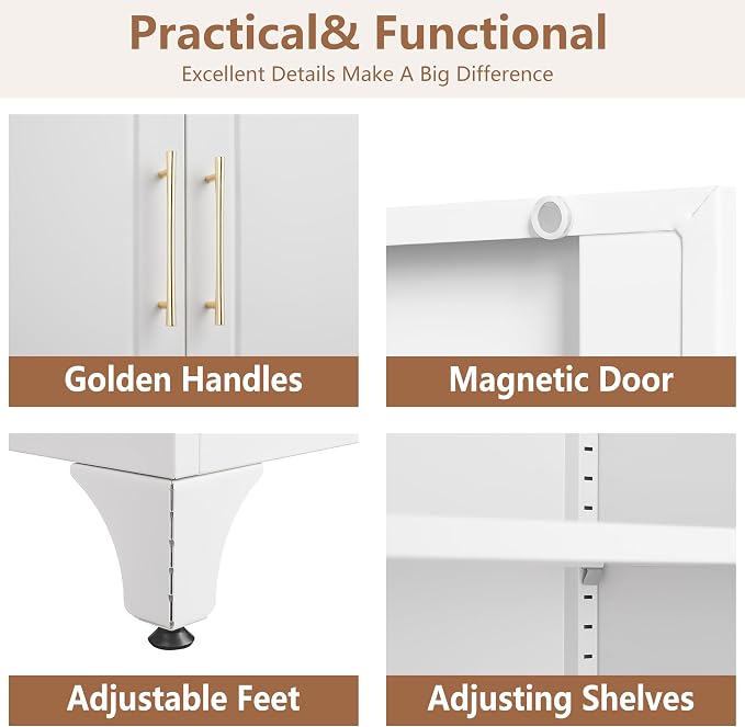 Polup 75" Tall White Metal Pantry Storage Cabinet with 2 Drawers | Heavy-Duty Steel Kitchen Cabinet, 2 Adjustable Shelves & Magnetic Doors, Leveling Feet, for Dining Living Room, Laundry