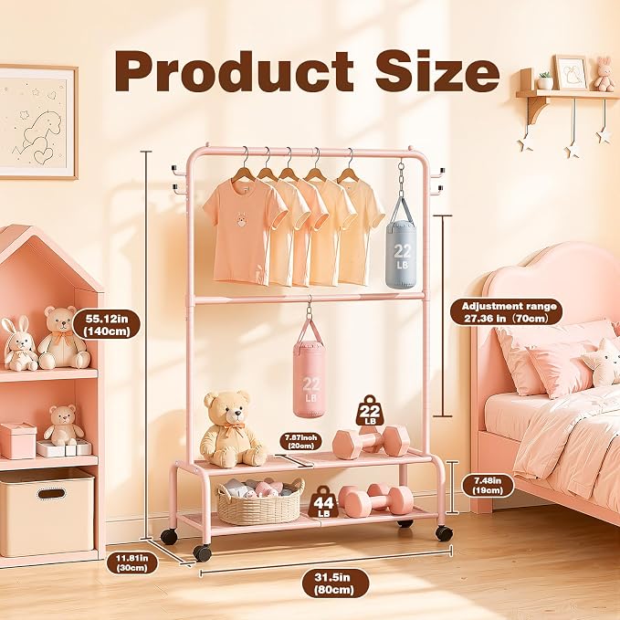 Rolling Kids Clothing Rack: 360° Wheels 2 Lockable for Easy Moving | 44 lb Hanging Capacity Metal Garment Rack with 2 Storage Shelves & 4 Hooks for Baby Toddler Young Kids, Pink