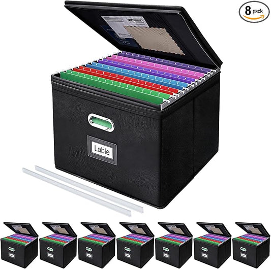 8 Pack File Organizer Boxes with Lids, Collapsible Document Storage Bin with Mesh Pockets & Zipper, Fits Letter/Legal Size Folders for Home Office Classroom Organization (Black, No Folders)