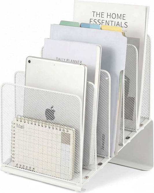 LEKETREE File Organizer for Desk, Desk Organizer with 5-Section Vertical File Rack, File Folder Organizer, Desk Accessories & Workspace Organizers(White)