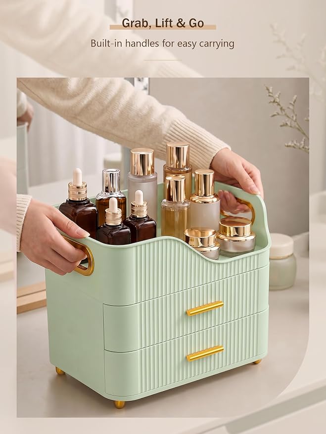 Booklov Large Makeup Organizer for Vanity, Bathroom Countertop, Green | Plastic Cosmetic Display Case with Drawers, Beauty Brush Holder for Dresser Counter Skincare Eyeshadow Lipstick Storage