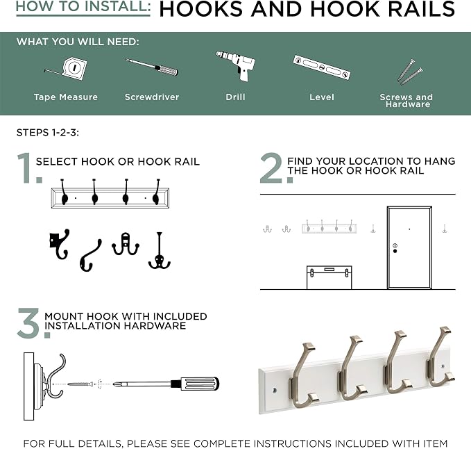Liberty 129849 18-Inch Coat and Hat Hook Rail/Rack with 4 Heavy Duty Hooks, White and Satin Nickel