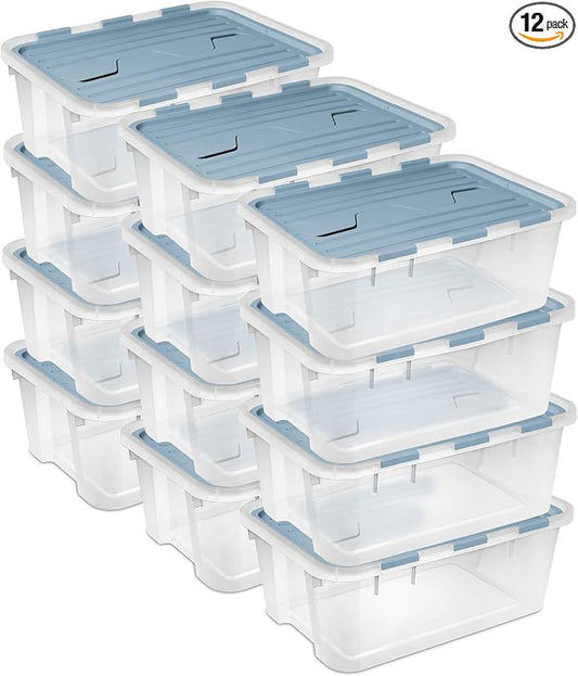 Sterilite Hinged Lid Storage Box, Plastic Container, 40 Quart, 12-Pack | Washed Blue - Home Organizer Tote for Storing Shoes, Crafts, Clothing, or Decor