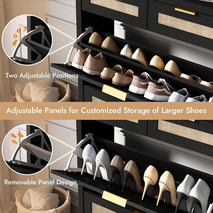HOKYHOKY Rattan Shoe Storage Cabinet with 2 Drawers & 2 Flip Drawers | Hidden Slim Shoe Organizer, Farmhouse Boho Narrow Shoe Rack, Large Tabletop Space, Entryway, Rustic Black