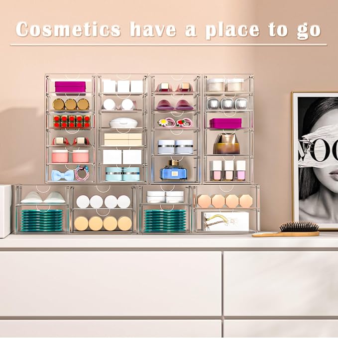 ARSTPEOE 30-Drawer Acrylic Storage & Makeup Organizer for Desk, Bath | Smooth-glide drawers, clear acrylic, stackable , dustproof, wipe-clean, for perler beads, rhinestones, googly eyes, lego bits