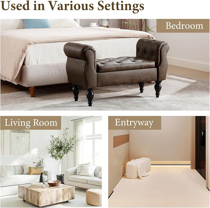 Storage Bench with Arms End of Bed Bench,Pu Leather Entryway Bench with Storage, Button Tufted Upholstered Ottoman Bench Wood Legs, Window Sitting Bench for Bedroom/Living Room/Hallway, Brown