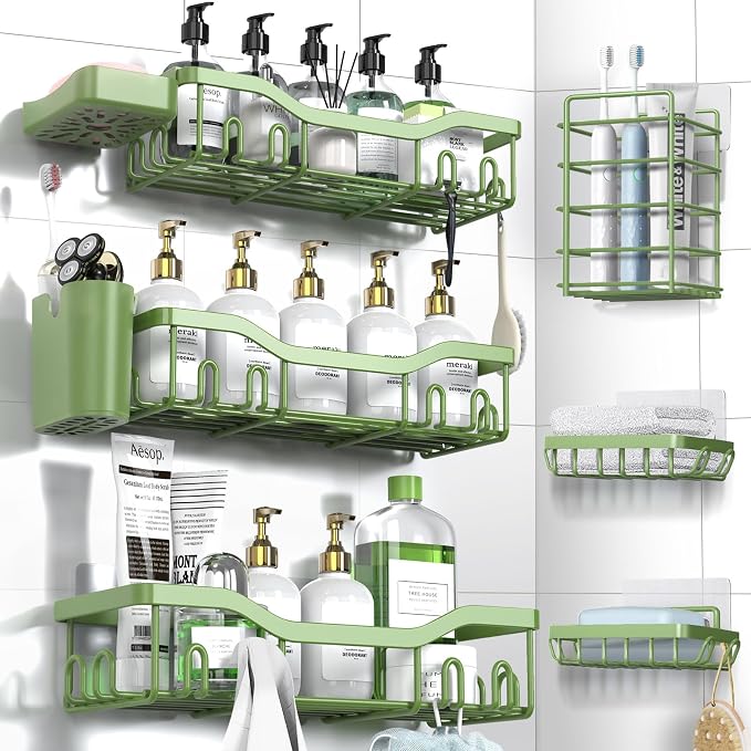 NESOMI Shower Caddy Adhesive Shower Organizer 8-Pack, Rustproof Stainless Steel Bathroom Shelves, Large Capacity No-Drill Rack Storage Accessories with Soap Dish Toothbrush Holder Hooks