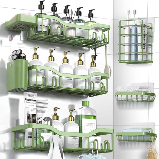 NESOMI Shower Caddy Adhesive Shower Organizer 8-Pack, Rustproof Stainless Steel Bathroom Shelves, Large Capacity No-Drill Rack Storage Accessories with Soap Dish Toothbrush Holder Hooks