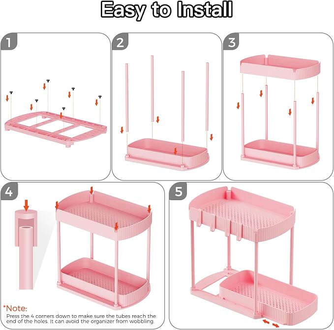 Ukeetap 2 Pack Multi-Purpose Pull-Out Storage Organizers, Under Sink Organizers and Storage for Bathroom & Kitchen, Under Cabinet Organizers and storage, 14.8 Inch, Pink