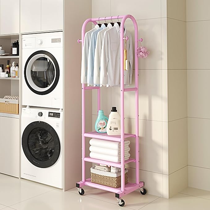 Dttwacoyh Clothing Rack with Wheels,Narrow Metal Garment Rack,Pink | Easy to install, 71.8 Inches Display Rack with 4 Side Hooks & 3 Shelves,for Small Flats, Bedroom, Entryway,Pink Clothes Rack