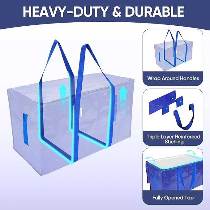 TICONN 12 Pack Extra Large Moving Bags Heavy Duty with Zippers & Carrying Handles, Durable Storage Bags Moving Boxes for Closet Organizers and Storage (12 Pack, Blue)