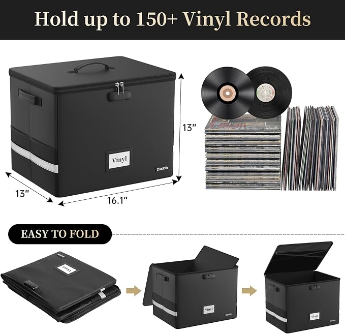 DocSafe Fireproof Vinyl Record Storage Box with Lock,Large Record Organizer Storage for 150+ Single Records,Collapsible Storage Crate with Lid&Handles for Valuable Album Collection,16.1''x13''x13''