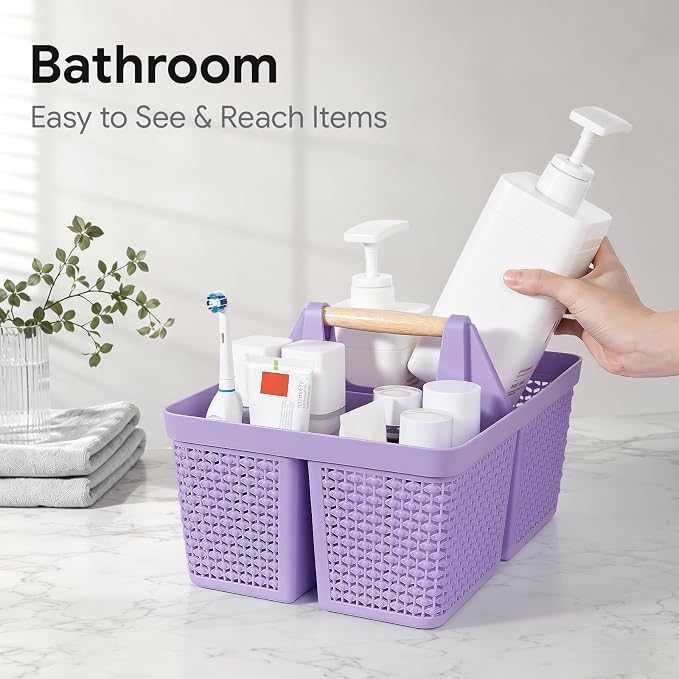 UUJOLY Portable Plastic Shower Caddy Basket with Wooden Handle, Purple | Divided Storage Organizer Tote for Bathroom, Dorm, College, Kitchen & RV – Lightweight, Easy-Carry Essentials Caddy