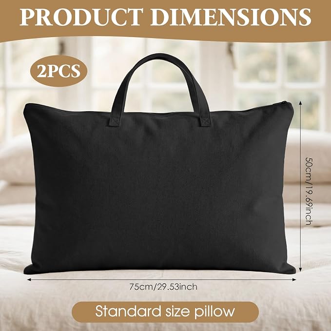 2 Pack Travel Pillow and Blanket Bags, 100% Cotton Canvas Pillow Storage Bag with Handles, Heavy Duty Breathable Organizer for Bedding Linens, Pillow Bag for Traveling(2,Black,20"x30")