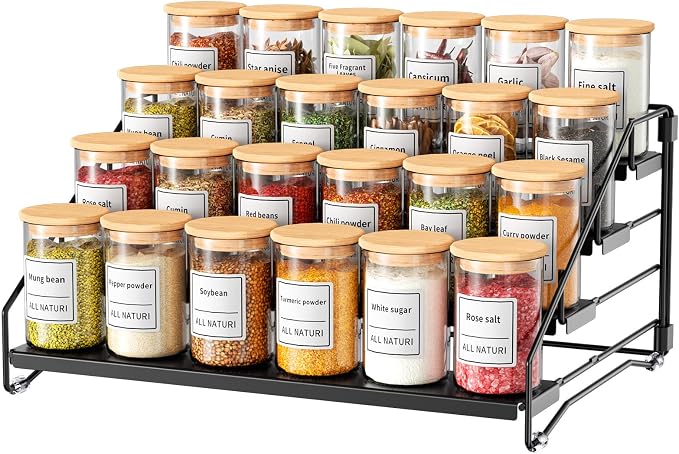 4 Tier Spice Rack Organizer for Cabinet, Depth Adjustable Spice Rack,1 Pack | Black, Metal Spice Organization for Cabinet, Easy Visibility, Tiered Spice Shelf Perfect for Cabinet, Pantry and Countertop